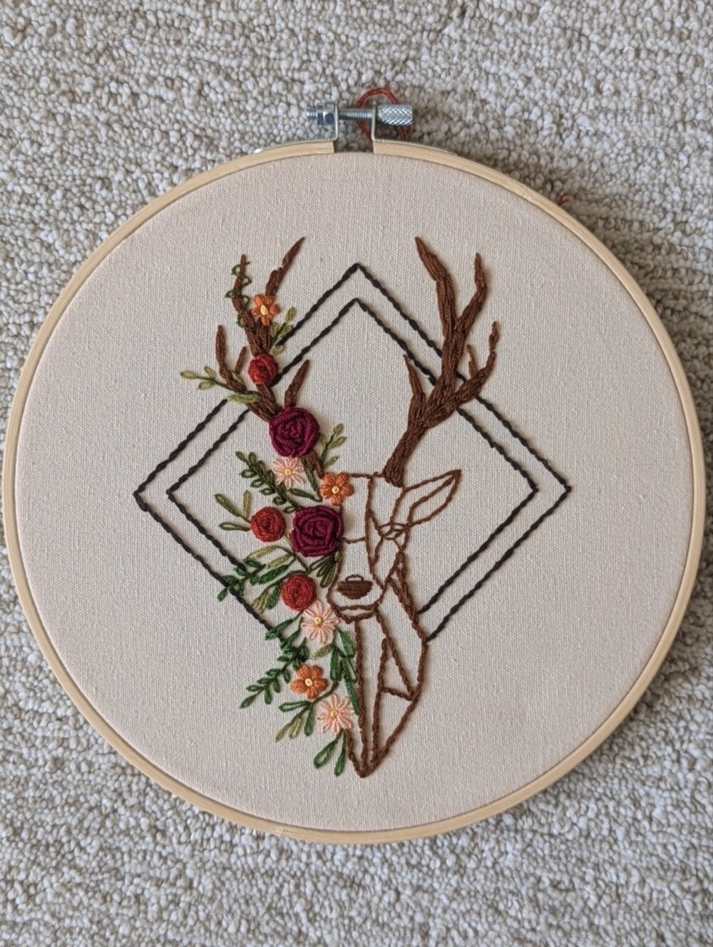 Handmade Modern Floral Deer Skull Embroidery Hoop Art Geometric Boho Wall Decor